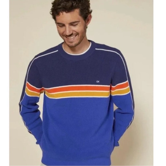 Outerknown NWOT Men’s Pullover Nostalgic Sweater - Blue Rainbow Size Medium - Picture 1 of 6